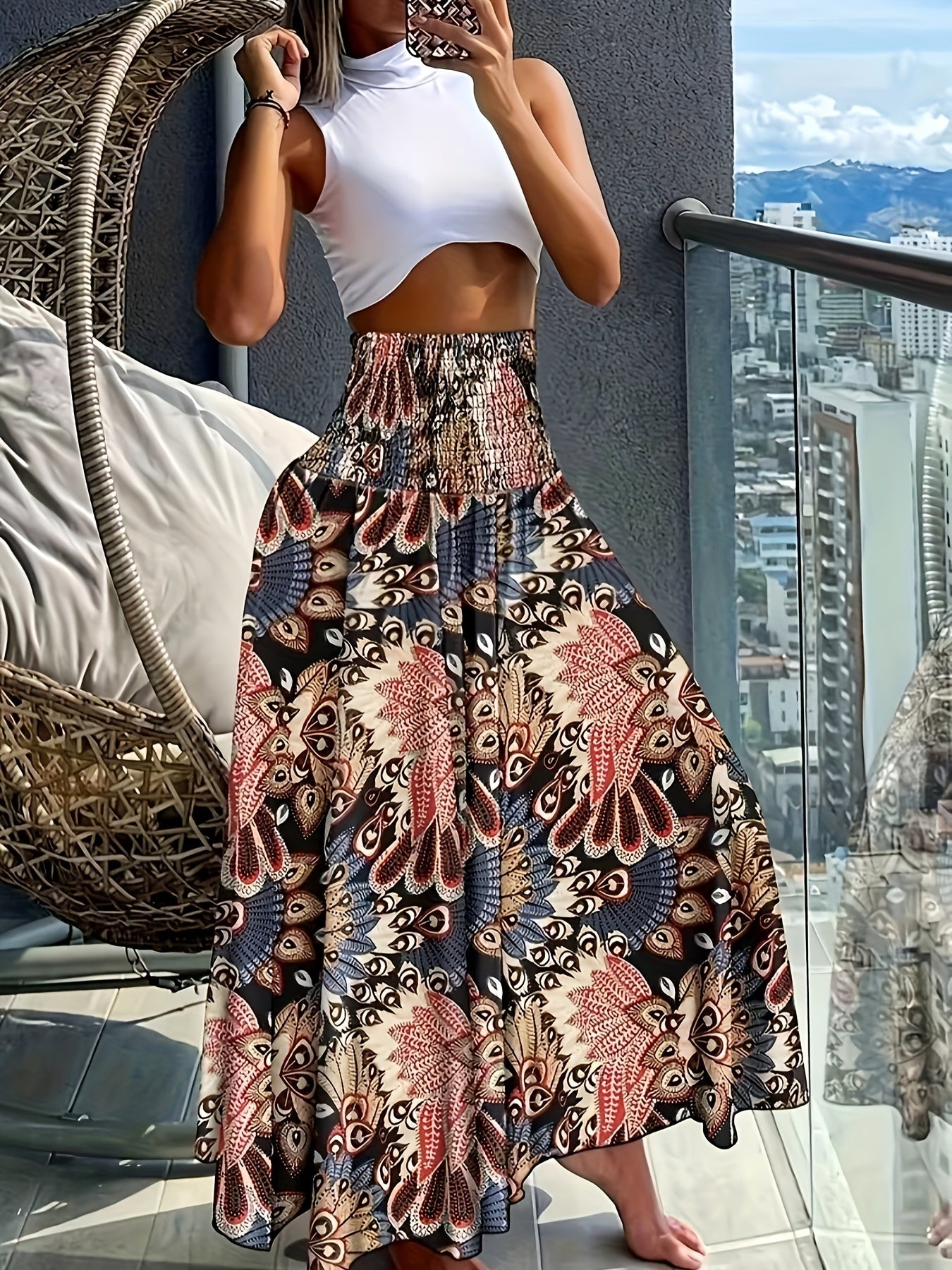 Women's maxi skirt with tropical floral pattern – Elegant summer skirt for leisure and vacation