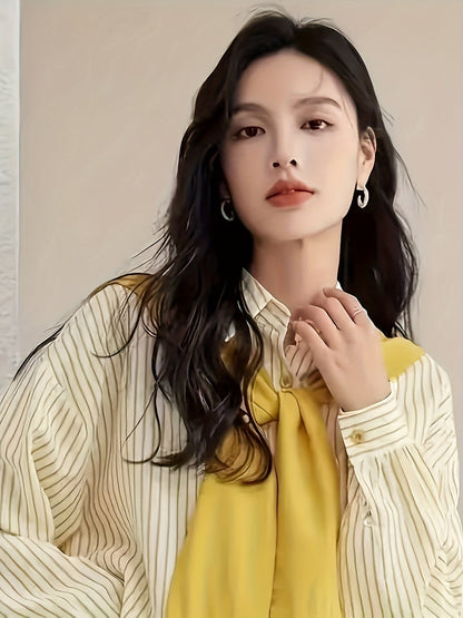 Women's striped blouse with tie detail, long-sleeve shirt blouse with chest pocket