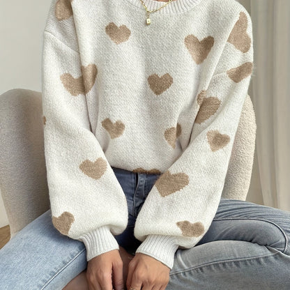 Women's sweater with heart pattern, crew neck, long-sleeve knit sweater