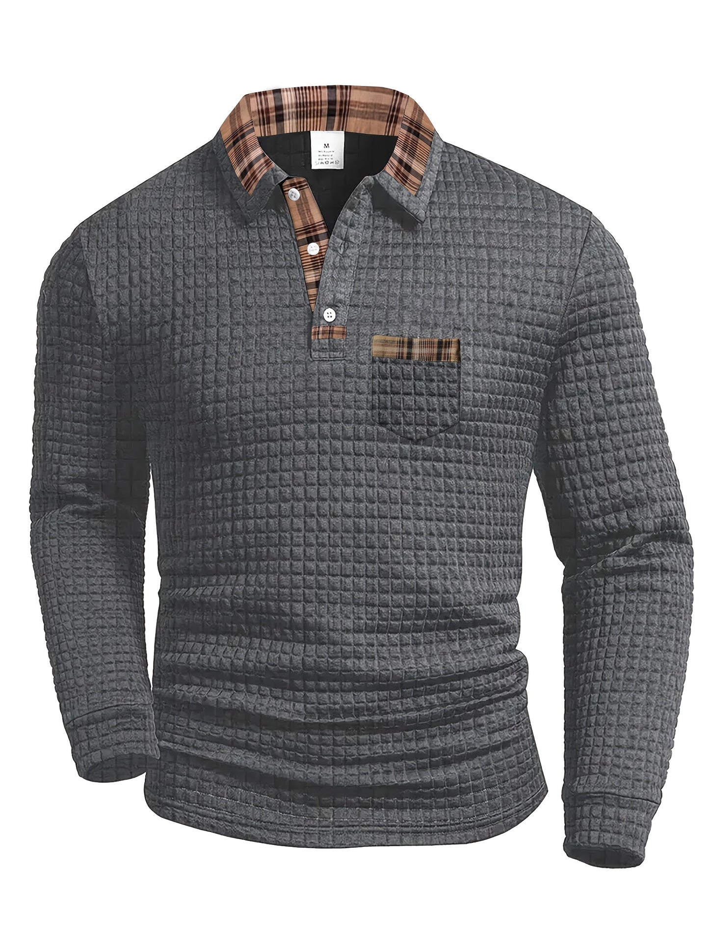 Men's long-sleeve polo shirt with waffle texture and checked pattern