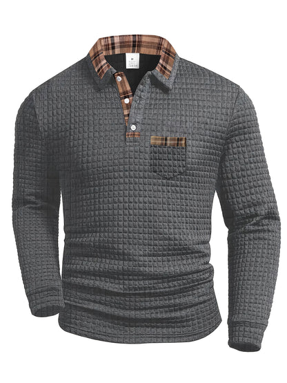Men's long-sleeve polo shirt with waffle texture and checked pattern