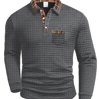 Men's long-sleeve polo shirt with waffle texture and checked pattern