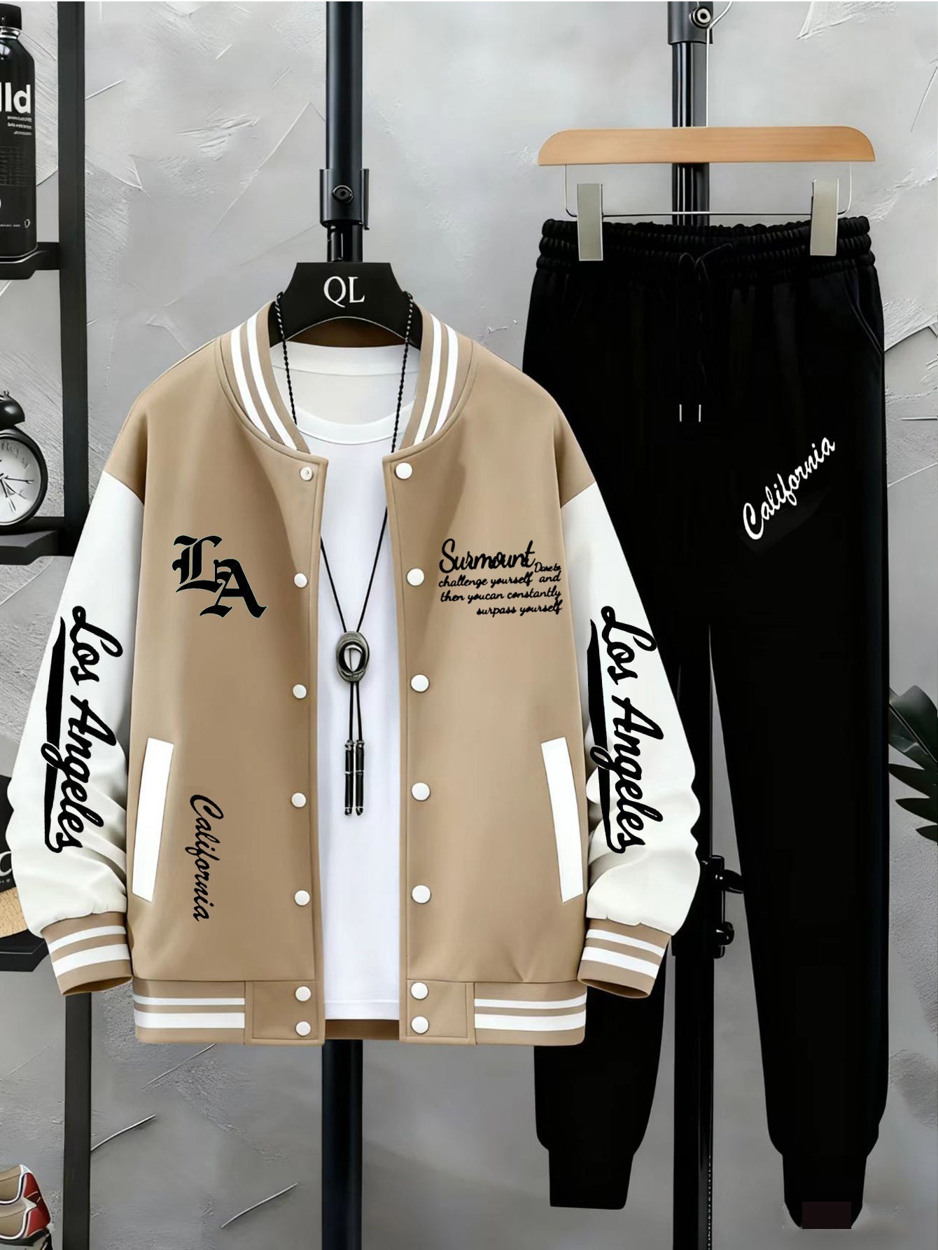 Unisex tracksuit set with baseball jacket and jogging pants, college-style streetwear