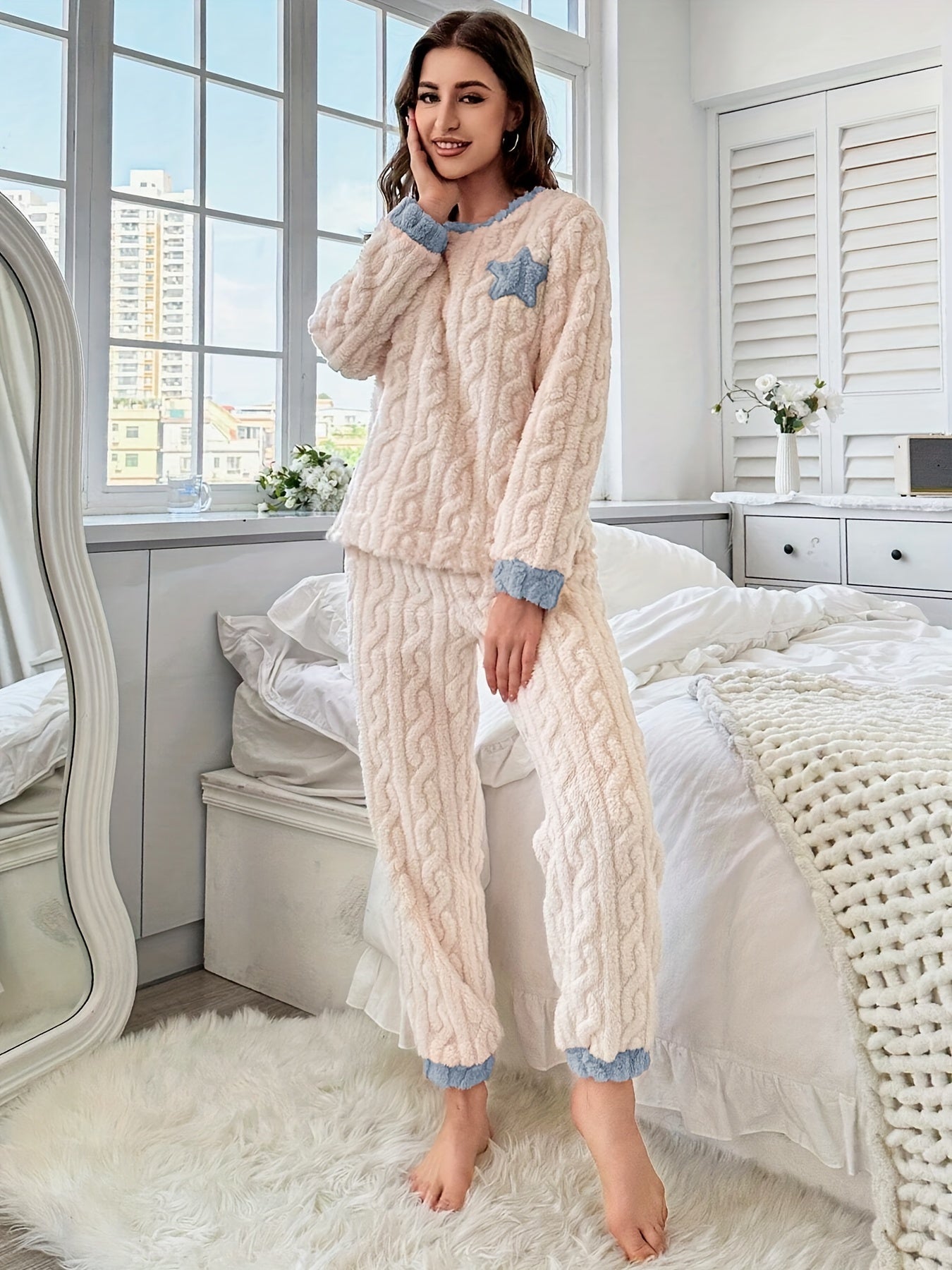 Women's cozy pajama set, beige knit pattern with colorful cuffs