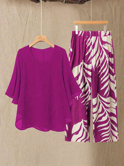 Damen Zweiteiler Set Elegant – Weite Hose mit Tropenmuster und Lockeres Blusenshirt, Modisch für Urlaub & Sommer