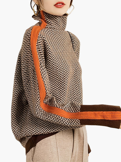 Women's pullover with stand-up collar and modern zigzag pattern – Elegant knitted sweater for autumn & winter