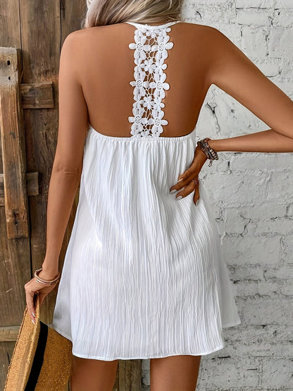 Women's summer mini dress with pleated look and halter neck – Casual swing style for vacation, beach & everyday wear