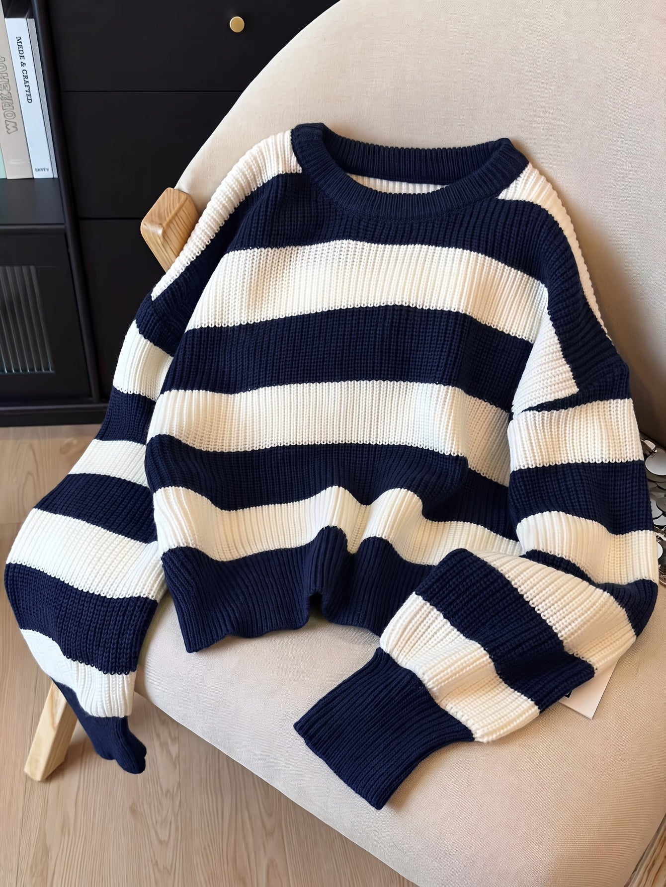 Women's knitted sweater, black and white striped, crew neck, loose fit