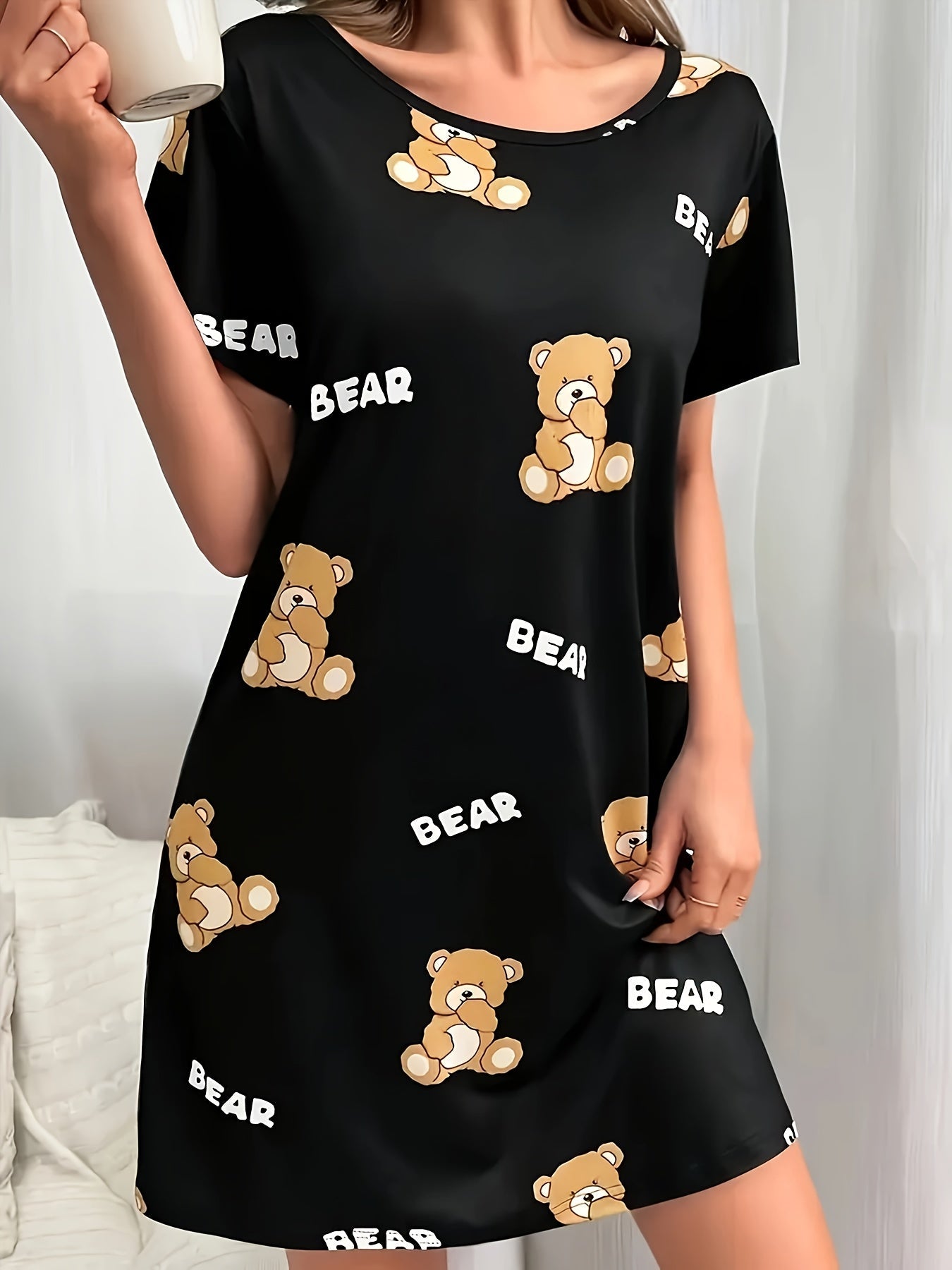 Women's Nightgown with Bear Print, Short Sleeves, Loose Fit, Cute Cartoon Style, For Home & Sleep