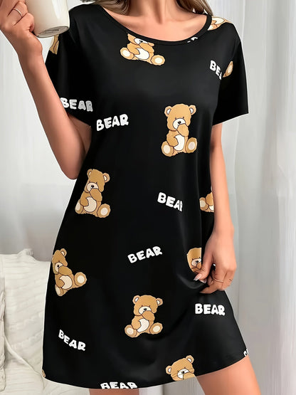Women's Nightgown with Bear Print, Short Sleeves, Loose Fit, Cute Cartoon Style, For Home & Sleep