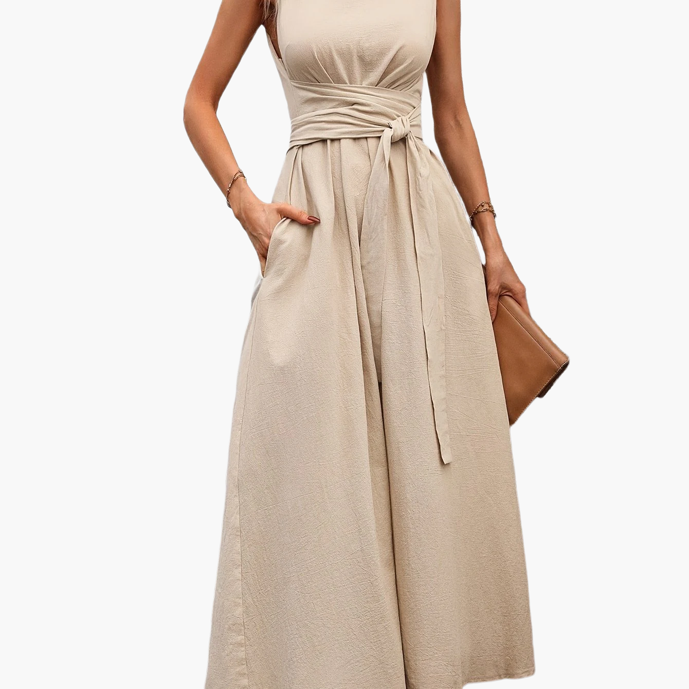 Women's Elegant Sleeveless Jumpsuit with Tie Belt and Wide Legs – Perfect for Summer and Leisure
