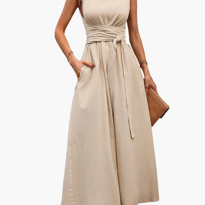 Women's Elegant Sleeveless Jumpsuit with Tie Belt and Wide Legs – Perfect for Summer and Leisure
