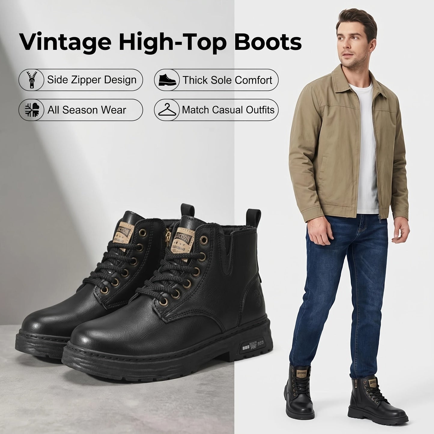 Men's lace-up ankle boots with a zipper and lug sole