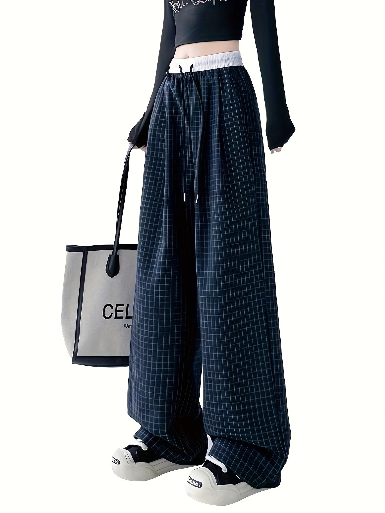 Women's Wide-Leg Pants with Checkered Pattern for Casual and Streetwear