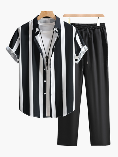 Men's Casual Short-Sleeve Shirt with Stripe Pattern – Modern Urban Style for Everyday and Leisure