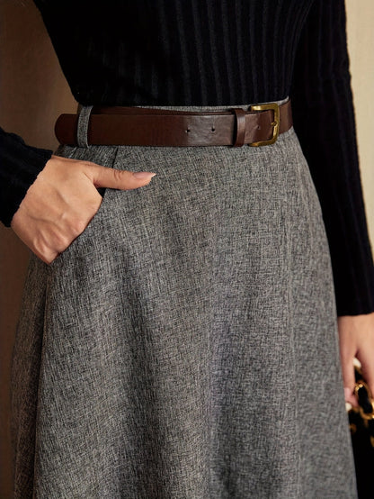 Women's gray A-line midi skirt with a flared hem