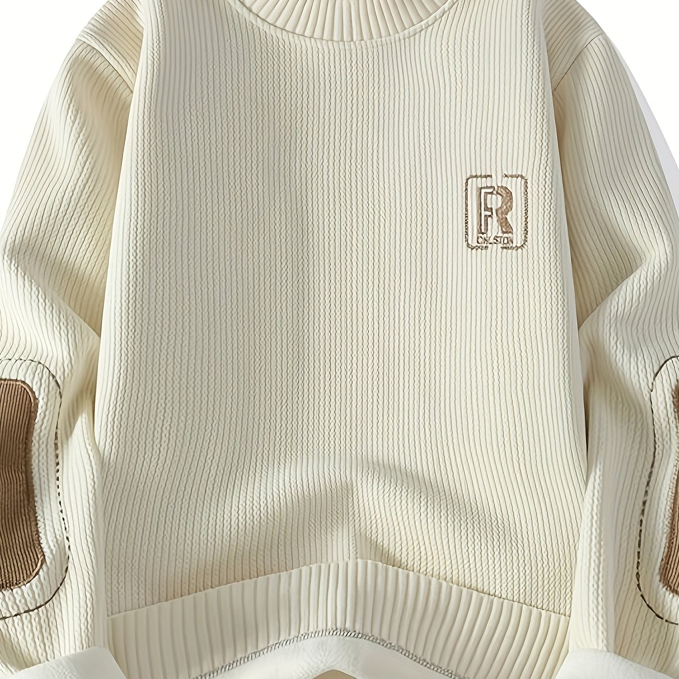 Unisex Langarm Pullover mit Ellbogen-Patches, Rundhalsausschnitt, gerippter Saum