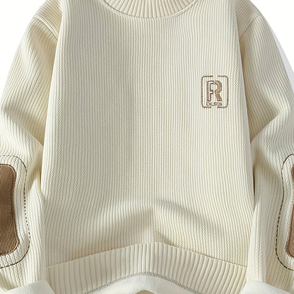 Unisex Langarm Pullover mit Ellbogen-Patches, Rundhalsausschnitt, gerippter Saum