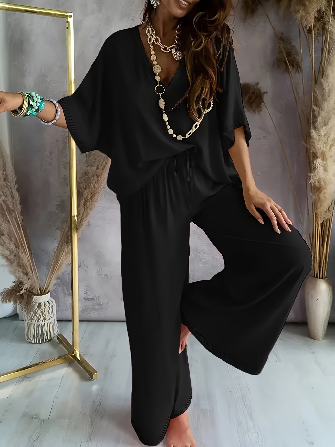 Women's Loose Lounge Pants & V-Neck Blouse Set – Elegant Casual Outfit for Everyday and Vacation