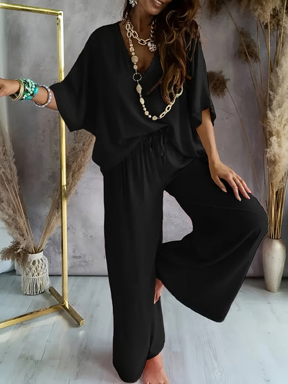 Women's Loose Lounge Pants & V-Neck Blouse Set – Elegant Casual Outfit for Everyday and Vacation