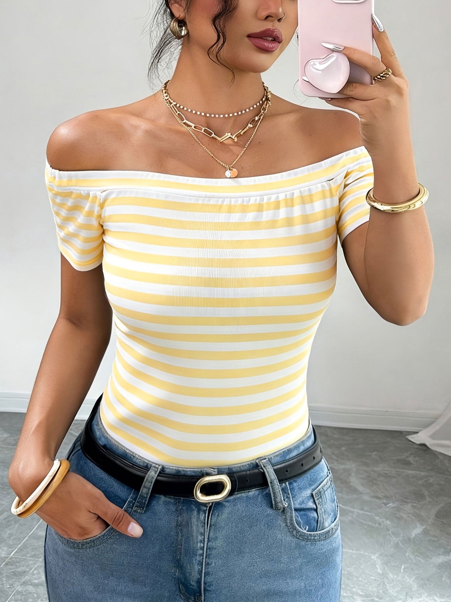 Women's Off-Shoulder Striped Shirt – Bardot Style for Everyday & Going Out