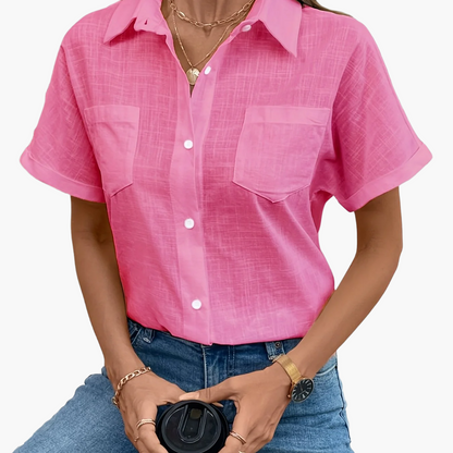 Women's Short-Sleeve Blouse with Bird Print and Chest Pocket – Fashionable Casual Shirt