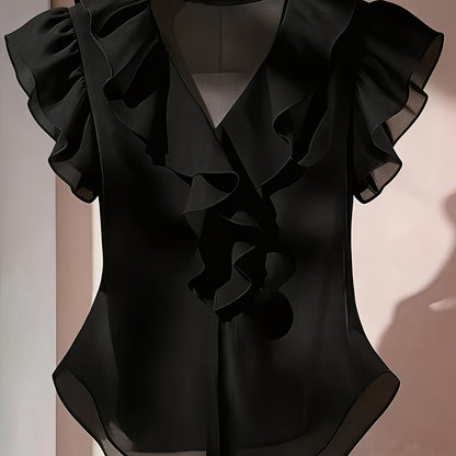 Women's blouse with ruffles and V-neck – Elegant frilled blouse for office and leisure