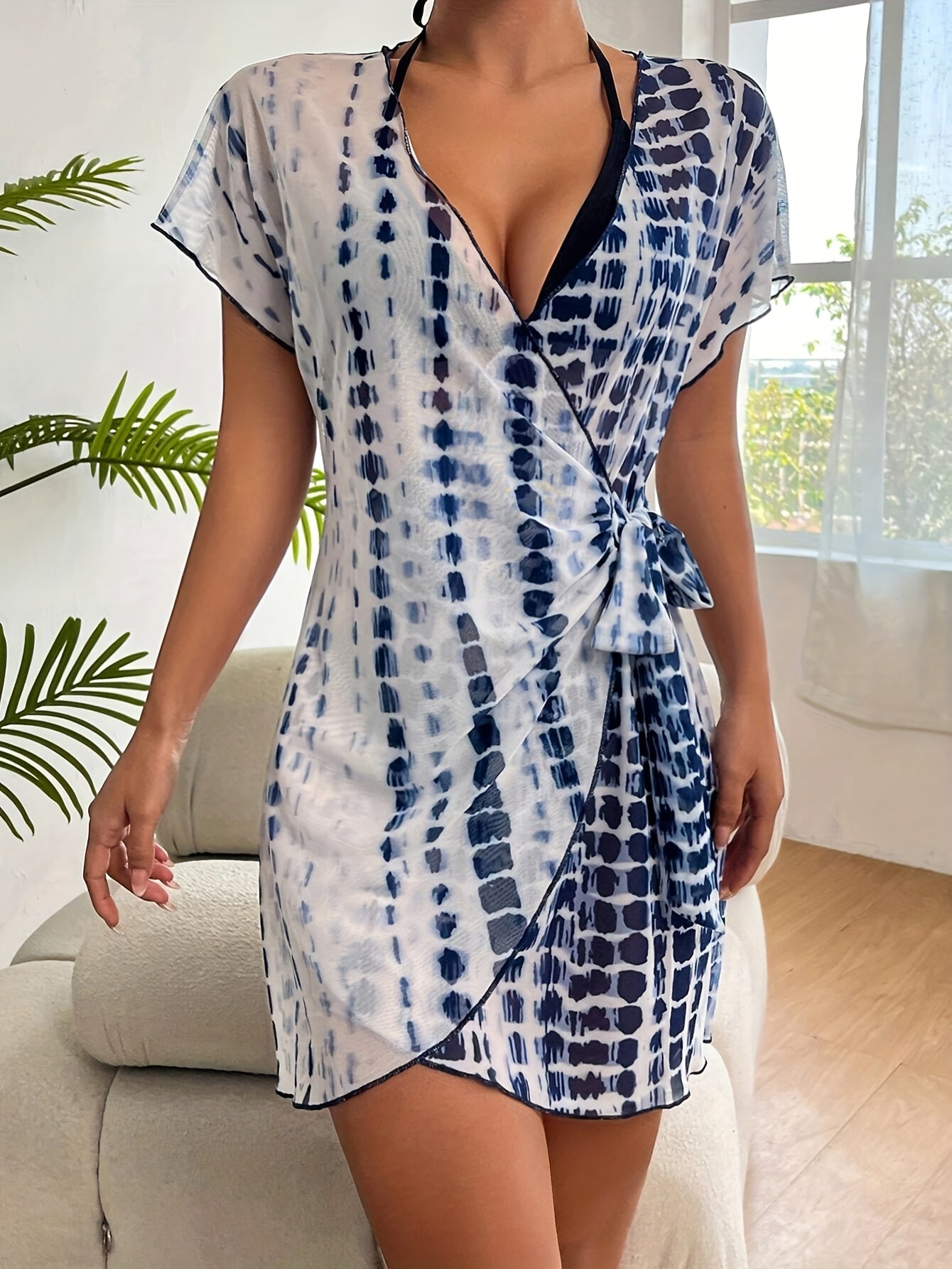 Women's Wrap Dress Beach Cover-Up in Modern Tie-Dye Style – Elegant Summer Dress for Vacation, Beach, and Pool