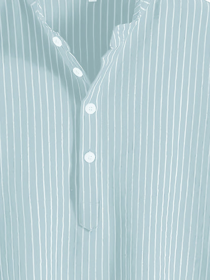 Men's Casual Short-Sleeve Shirt with Stand-Up Collar and Button Placket – Striped Regular Fit Summer Shirt