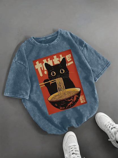 Women's Vintage T-Shirt with Cat and Ramen Print – Funny Graphic Shirt for Casual and Streetwear