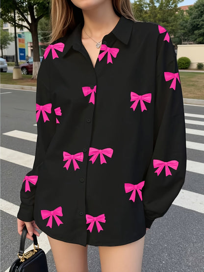 Damen Bluse Schwarz mit Pinken Schleifen-Muster Hemdbluse Locker Geschnitten