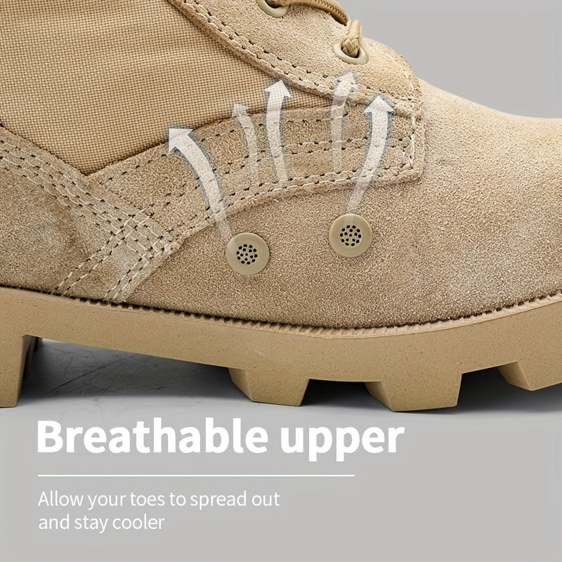 Beige men's lace-up boots with a zipper and rugged tread