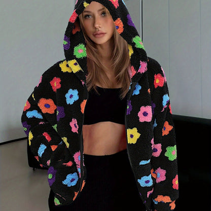 Hooded teddy jacket with colorful floral patterns and a zipper