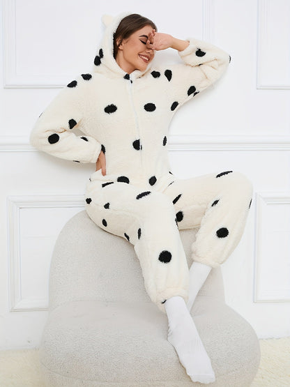 Women's fluffy sleep jumpsuit with zipper, hood, and bear pattern