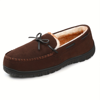 Lined men’s moccasin slippers – warm house slippers with a bow