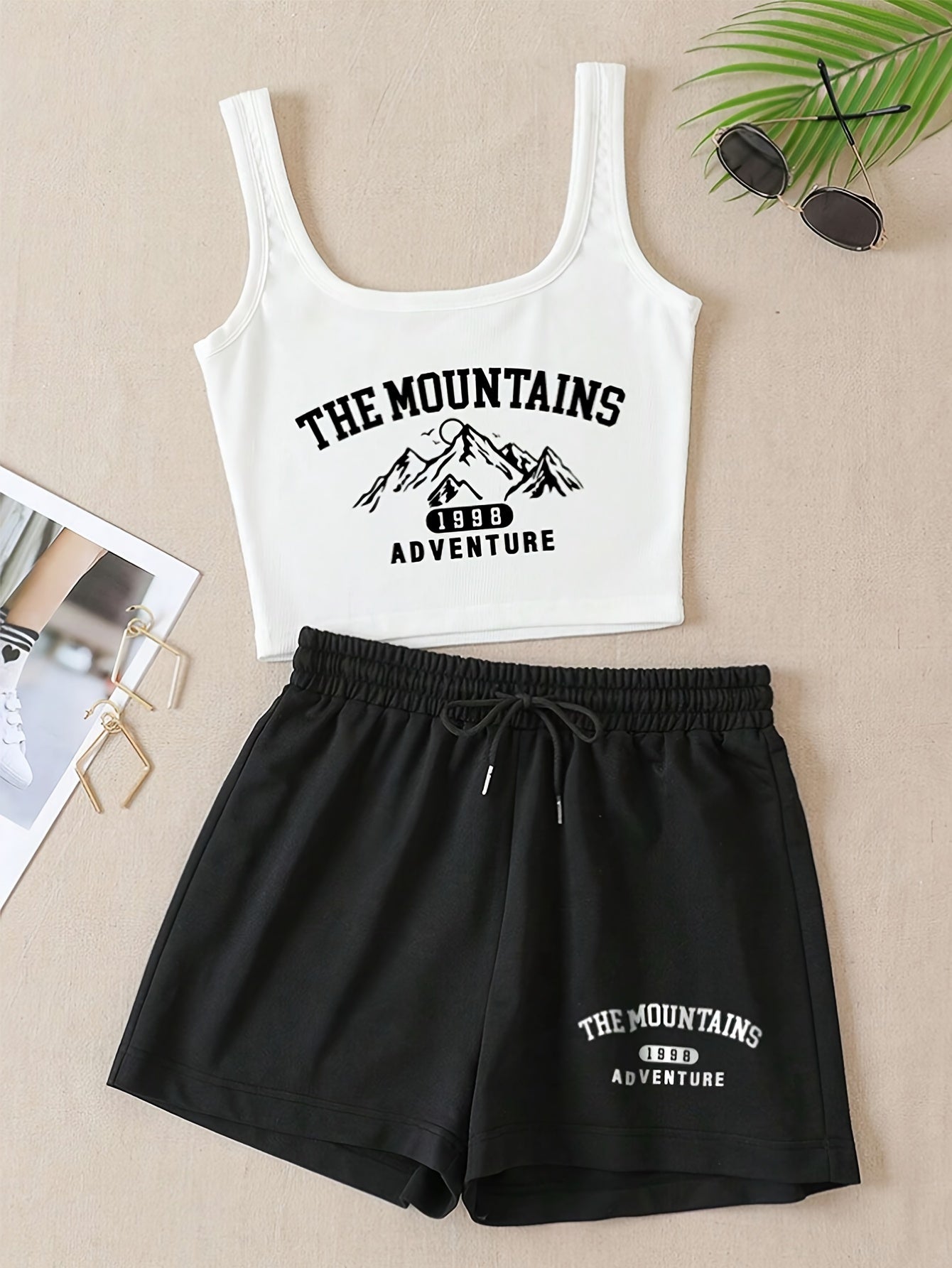 Women's sporty casual set with "The Mountains Adventure" print – top & shorts – perfect for summer & outdoor activities