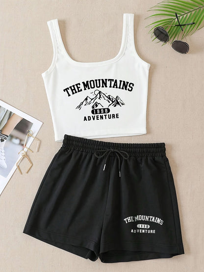 Women's sporty casual set with "The Mountains Adventure" print – top & shorts – perfect for summer & outdoor activities