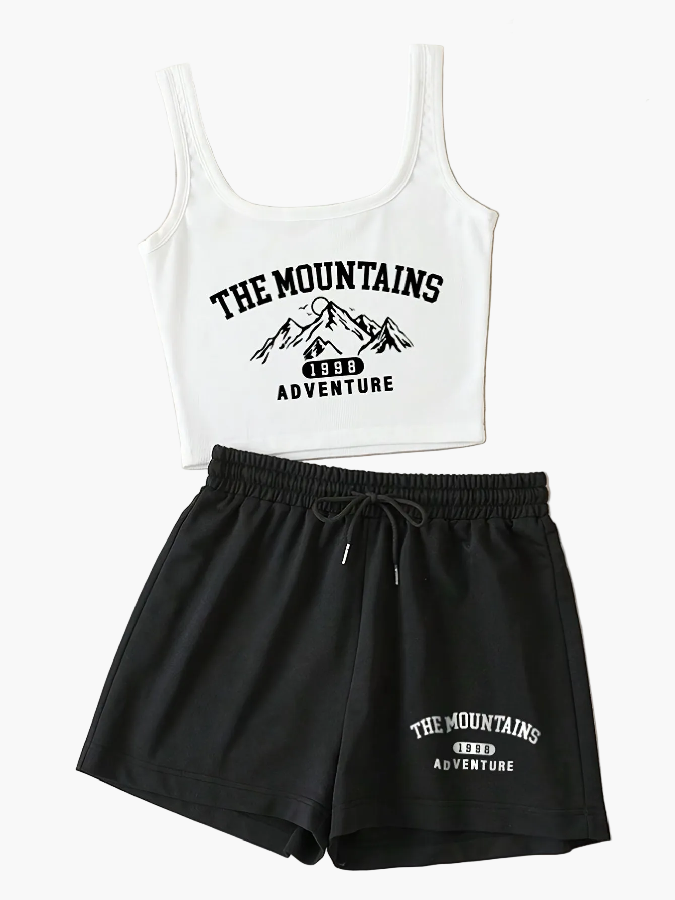 Women's sporty casual set with "The Mountains Adventure" print – top & shorts – perfect for summer & outdoor activities