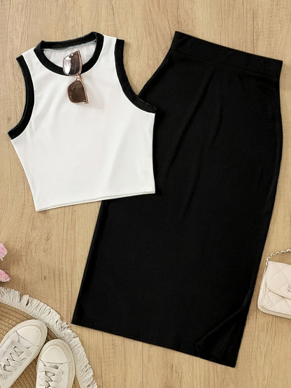 Women's Elegant Two-Piece Set with Sleeveless Top and Skirt – Perfect for Spring and Summer