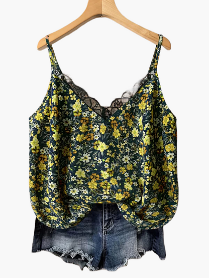 Women's summer top with floral pattern and lace trim, casual spaghetti strap tank top