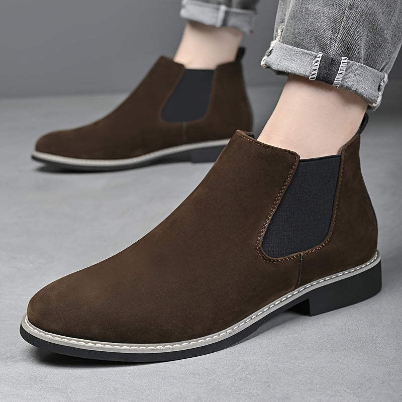 Men's Chelsea boots in faux suede with elastic inserts, brown and black