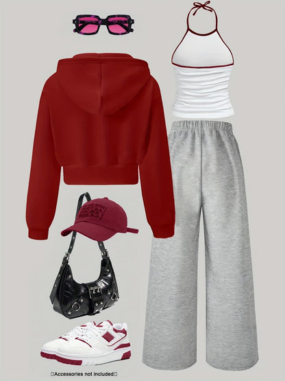 Women's 3-piece set: cropped hoodie, halter top & wide-leg joggers