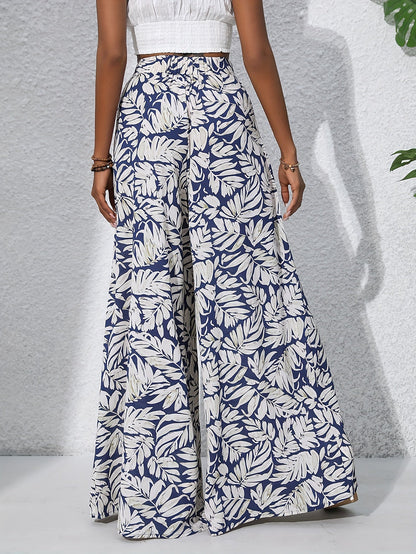 Women's Wide Summer Pants with Tropical Leaf Pattern – Fashionable Palazzo Pants for Beach and Leisure