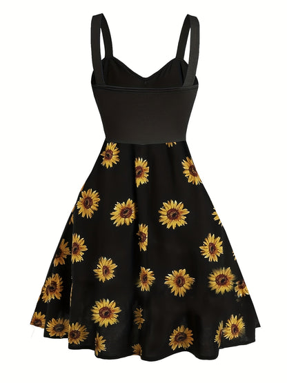 Damen Vintage Sommerkleid A-Linie mit Sonnenblumenmuster – Perfekt für Alltag und Freizeit