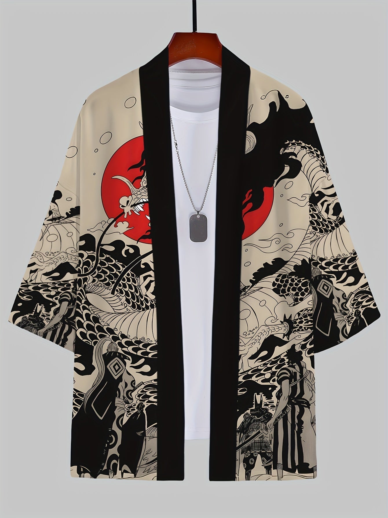 Men's Kimono Cardigan with Japanese Dragon Print – Streetwear Style, Open Jacket for Leisure and Everyday Wear
