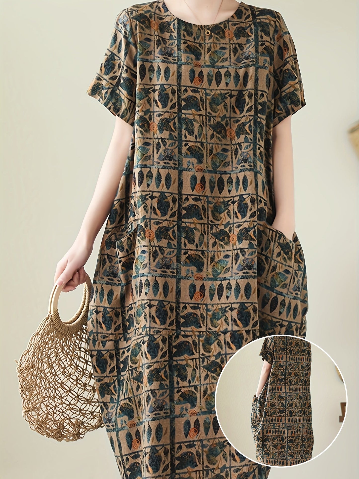 Women's casual dress with geometric print and relaxed fit – short sleeves, casual, ideal for everyday and office use