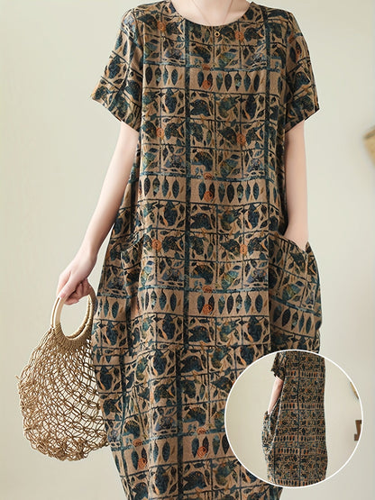 Women's casual dress with geometric print and relaxed fit – short sleeves, casual, ideal for everyday and office use