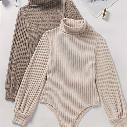 Damen Rollkragen Bodysuit Gerippt Langarm Strick Optik