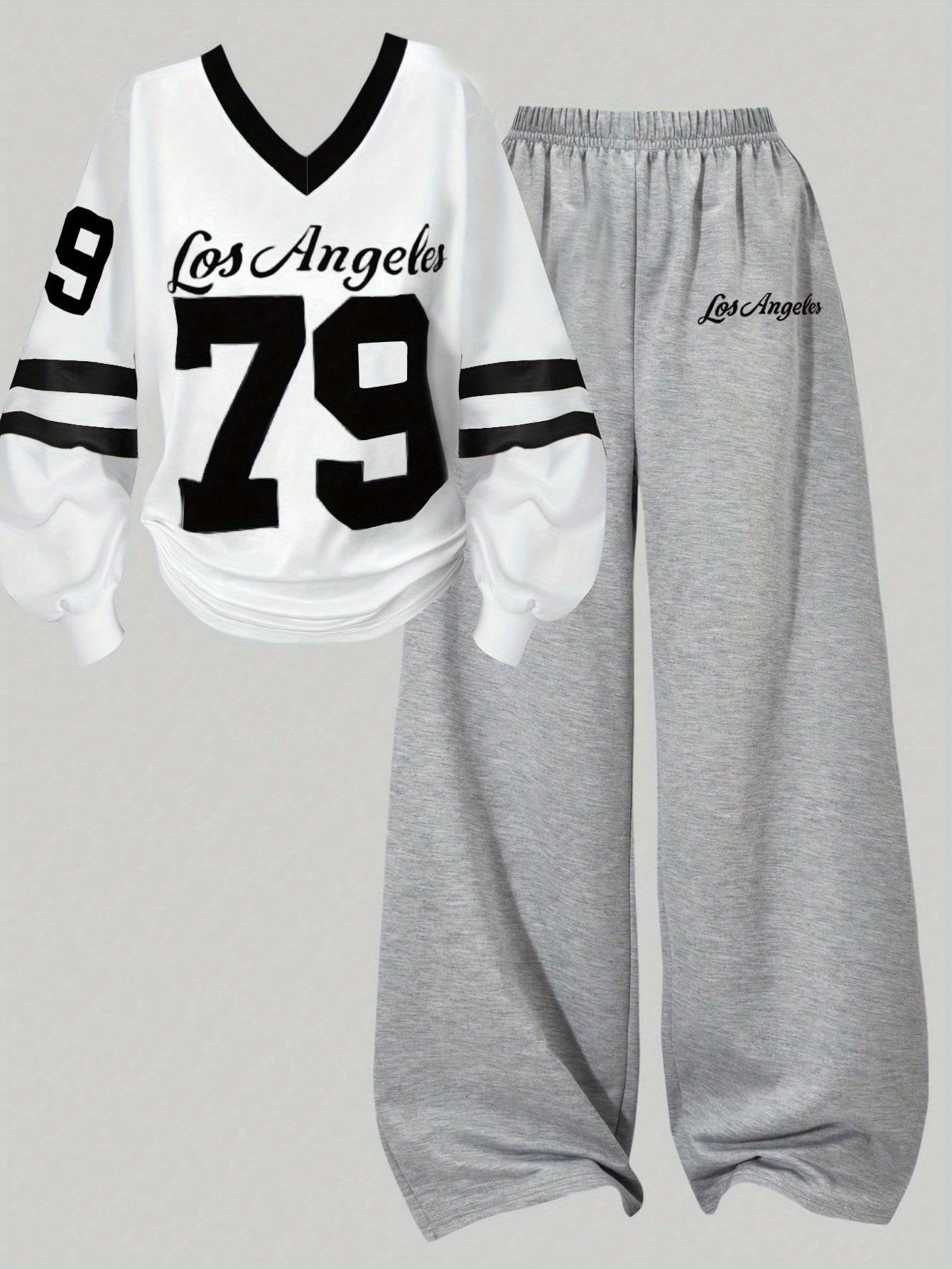 Two-piece women’s sports set: long-sleeve V-neck shirt and wide-leg pants, gray and white