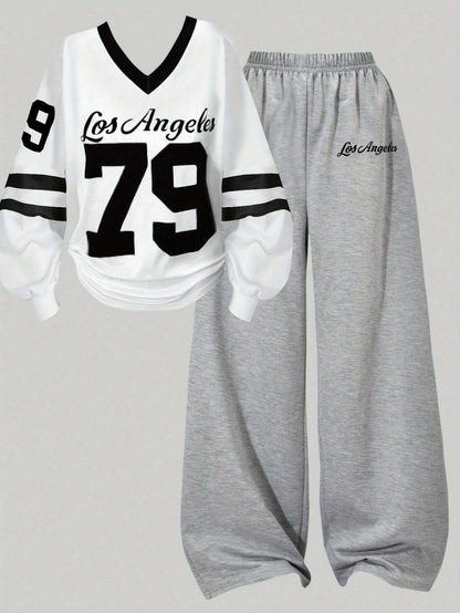Two-piece women’s sports set: long-sleeve V-neck shirt and wide-leg pants, gray and white